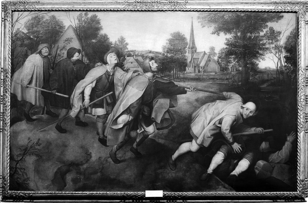 The blind leading the blind. Oil painting after Pieter Brueg